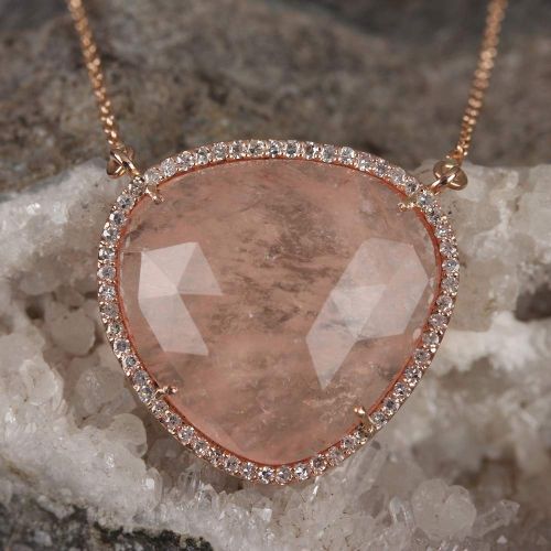  AnjisTouch Genuine 11.39 Ct. Morganite Gemstone Charm Pendant Solid 14k Rose Gold Pave Diamond Wedding Necklace Handmade Fine Jewelry Gift For Her