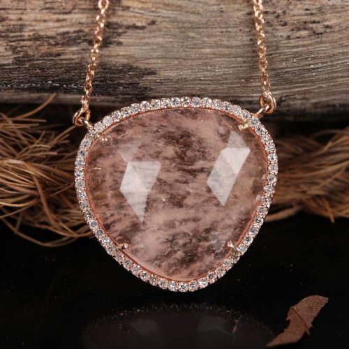  AnjisTouch Genuine 11.39 Ct. Morganite Gemstone Charm Pendant Solid 14k Rose Gold Pave Diamond Wedding Necklace Handmade Fine Jewelry Gift For Her