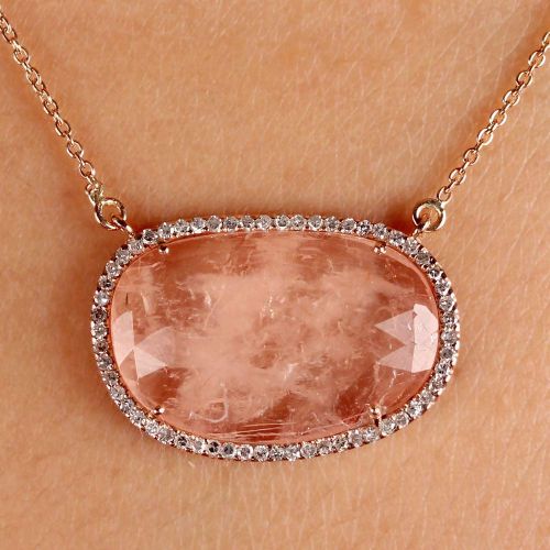  AnjisTouch Genuine 9.68 Ct. Morganite Gemstone Charm Pendant Solid 14k Rose Gold Pave Diamond Wedding Necklace Handmade Fine Jewelry Gift For Her