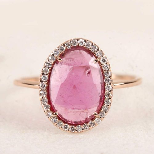  AnjisTouch Genuine 1.37 Ct Pink Tourmaline Gemstone Cocktail Ring Diamond Pave Solid 14k Rose Gold Fine Jewelry Gift For Her