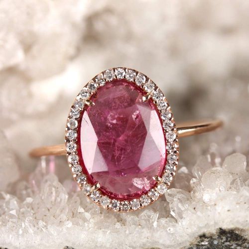  AnjisTouch Genuine 1.37 Ct Pink Tourmaline Gemstone Cocktail Ring Diamond Pave Solid 14k Rose Gold Fine Jewelry Gift For Her