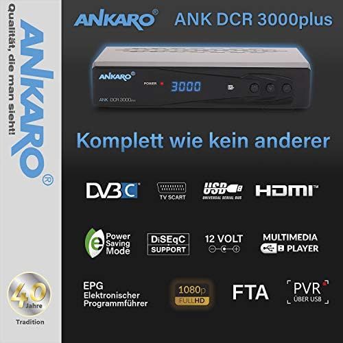  Ankaro DCR 3000 Plus Digital 1080P Full HD Cable Receiver for Cable TV with PVR Recording Function (HDTV, DVB C/C2, HDMI, Scart, Coaxial, Media Player, USB) Automatic Installation