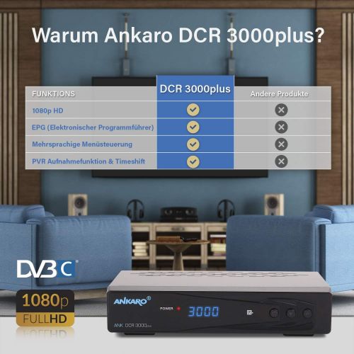  Ankaro DCR 3000 Plus Digital 1080P Full HD Cable Receiver for Cable TV with PVR Recording Function (HDTV, DVB C/C2, HDMI, Scart, Coaxial, Media Player, USB) Automatic Installation