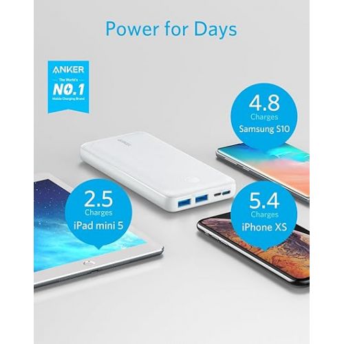 앤커 Anker Portable Charger, Power Bank, 20,000mAh Battery Pack with PowerIQ Technology and USB-C (Recharging Only) for iPhone 15/15 Plus/15 Pro/15 Pro Max, iPhone 14/13/12 Series, Samsung Galaxy (White)