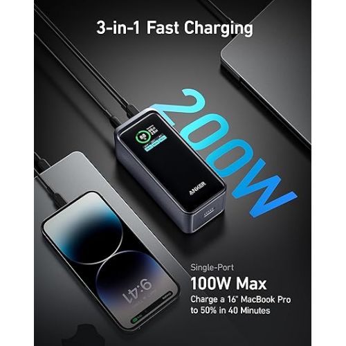 앤커 Anker Prime Power Bank, 20,000mAh Portable Charger with 200W Output, Smart Digital Display Charging Base, 100W Fast Charging with 4 Ports, for MacBoo, iPhone, Samsung, AirPods, and More