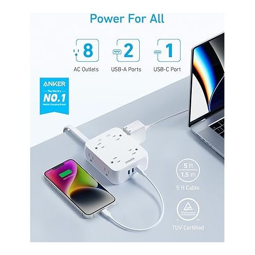 앤커 Anker Surge Protector Flat Plug Power Strip 2000J, 5ft Thin Extension Cord with 8 Outlets, 2 USB A and 1 USB C Port, 20W for iPhone15, Wall Mount, Compact for Home, Office, Room, TUV Listed