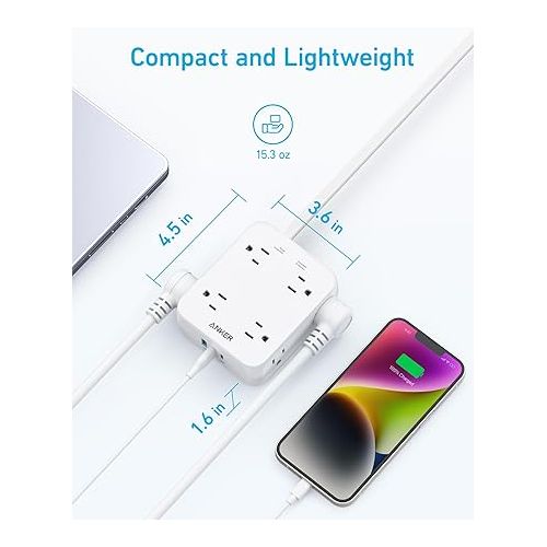 앤커 Anker Surge Protector Flat Plug Power Strip 2000J, 5ft Thin Extension Cord with 8 Outlets, 2 USB A and 1 USB C Port, 20W for iPhone15, Wall Mount, Compact for Home, Office, Room, TUV Listed