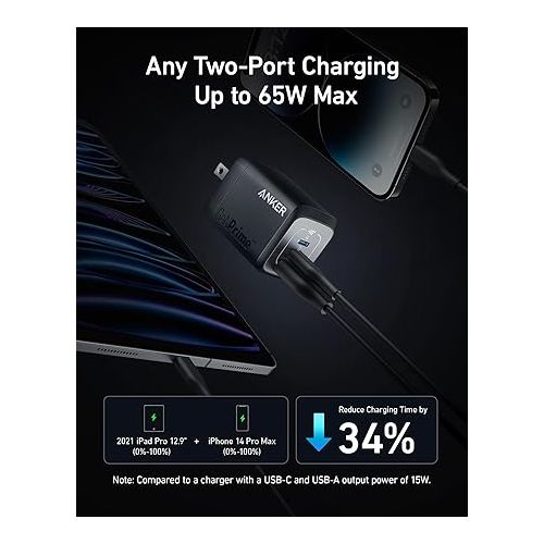 앤커 Anker Prime 67W USB C Charger, Anker GaN 3-Port Compact Fast PPS Wall Charger, For MacBook Pro/Air, Pixelbook, iPad Pro, iPhone 15/14/Pro, Galaxy S23/S22, Note20, Pixel, Apple Watch