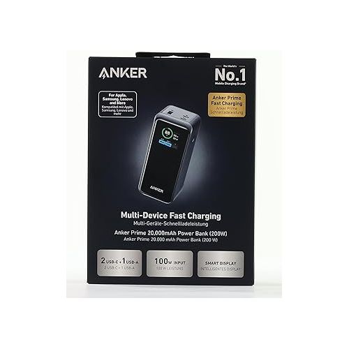 앤커 Anker Prime Power Bank, 20,000mAh Portable Charger with 200W Output, Smart Digital Display, 2 USB-C and 1 USB-A Port Compatible with iPhone 15/14/13 Series, Samsung, MacBook, Dell, and More