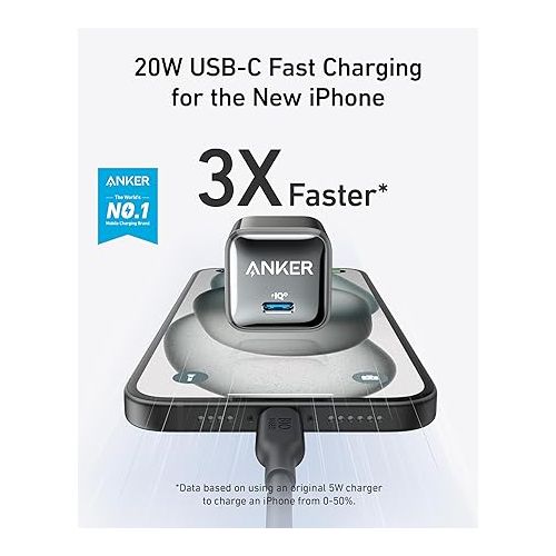 앤커 USB C Charger Block 20W, Anker 511 Charger (Nano Pro), PIQ 3.0 Compact Fast Charger for iPhone 15/15 Plus/15 Pro/15 Pro Max, 14/13/12 Series, Galaxy, Pixel 4/3, iPad (Cable Not Included)