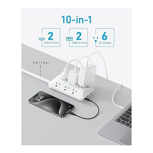 앤커 Flat Plug Power Strip(300J), Anker 20W USB C Power Strip, 10-in-1 Ultra Thin Power Strip with 6 AC, 2 USB A/2 USB C,5ft Extension Cord, Desk Charging Station,Home Office College Dorm Room Essentials