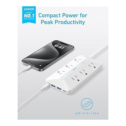 앤커 Flat Plug Power Strip(300J), Anker 20W USB C Power Strip, 10-in-1 Ultra Thin Power Strip with 6 AC, 2 USB A/2 USB C,5ft Extension Cord, Desk Charging Station,Home Office College Dorm Room Essentials