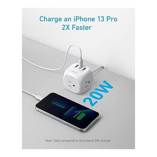 앤커 Anker 20W USB C Power Strip, 321 Power Strip with 3 Outlets and USB C Charging for iPhone 15/15 Plus/15 Pro/15 Pro Max, 5 ft Extension Cord, Power Delivery Charging for Dorm Rooms,Home Office