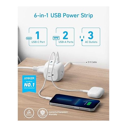 앤커 Anker 20W USB C Power Strip, 321 Power Strip with 3 Outlets and USB C Charging for iPhone 15/15 Plus/15 Pro/15 Pro Max, 5 ft Extension Cord, Power Delivery Charging for Dorm Rooms,Home Office