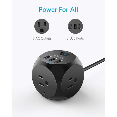 앤커 [아마존 핫딜]  [아마존핫딜]Power Strip, Anker PowerPort Cube, 3 Outlets and 3 USB Portable with Switch Control, Overload Protection, 5 ft Cable, for iPhone Xs/XR/Max, Ultra-Compact for Travel, Cruise Ship an