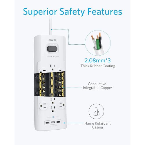 앤커 [아마존핫딜][아마존 핫딜] Power Strip Surge Protector, Anker 12 Outlets & 3 USB Ports with Flat Plug, PowerPort Strip with 6ft Extension Cord, PowerIQ for iPhone Xs/XS Max/XR/X, Galaxy, for Home, Office, an