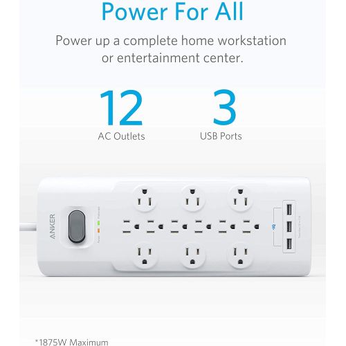 앤커 [아마존핫딜][아마존 핫딜] Power Strip Surge Protector, Anker 12 Outlets & 3 USB Ports with Flat Plug, PowerPort Strip with 6ft Extension Cord, PowerIQ for iPhone Xs/XS Max/XR/X, Galaxy, for Home, Office, an