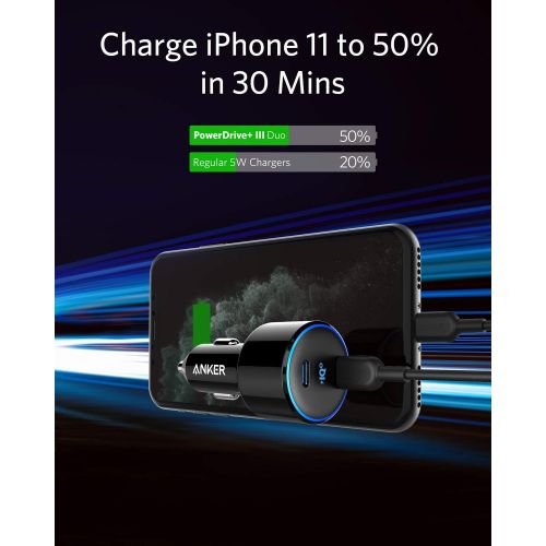 앤커 [아마존 핫딜] USB C Car Charger, Anker 48W 2-Port PIQ 3.0 Fast Charger Adapter, PowerDrive+ III Duo with Power Delivery for iPhone 11/11 Pro/11 Pro Max/XR/XS/X, Galaxy S10/S9, Note 9, Pixel 3/2,