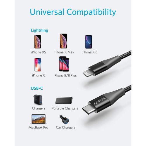 앤커 [아마존 핫딜] [아마존핫딜]Anker Powerline+ II USB-C auf Lightning Kabel, 180cm lang, Nylon-umflochtenes Ladekabel fuer iPhone X/XS/XR/XS Max / 8/8 Plus, unterstuetzt Power Delivery (fuer Typ-C Ladegerate) (Sch