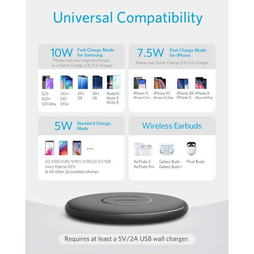 앤커 Anker 10W Max Wireless Charger, 313 Wireless Charger (Pad), Qi-Certified Wireless Charging 7.5W for iPhone 12/12 Pro/12 mini/12 Pro Max, 10W for Galaxy S10 S9 S8, S9 Plus, Note 9 (