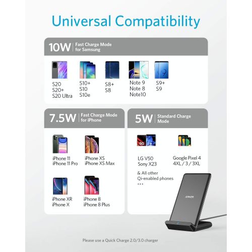 앤커 Anker Wireless Charger, 10W Max PowerWave Stand Upgraded, Qi-Certified, 7.5W for iPhone 11, 11 Pro, 11 Pro Max, XR, Xs Max, XS, X, 8, 8 Plus, 10W for Galaxy S20 S10 S9, Note 10 Not