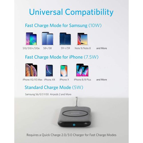 앤커 Anker Wireless Charger, PowerWave Base Pad, Qi-Certified, 7.5W for iPhone 11, 11 Pro, 11 Pro Max, X, Xs, Xr, Xs Max, 8, 8 Plus, 10W for Galaxy S20 S10, S9, S8, Note 10 Note 9 (No A