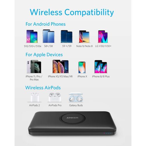 앤커 Anker Wireless Portable Charger, PowerCore 10,000mAh Power Bank with USB-C (Input Only), External Battery Pack Compatible with iPhone 11, Samsung, iPad 2020 Pro, AirPods, and More.