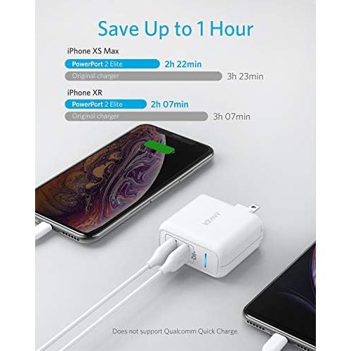 앤커 USB Charger, Anker Elite Dual Port 24W Wall Charger, PowerPort 2 with PowerIQ and Foldable Plug, for iPhone 11/Xs/XS Max/XR/X/8/7/6/Plus, iPad Pro/Air 2/Mini 3/Mini 4, Samsung S4/S