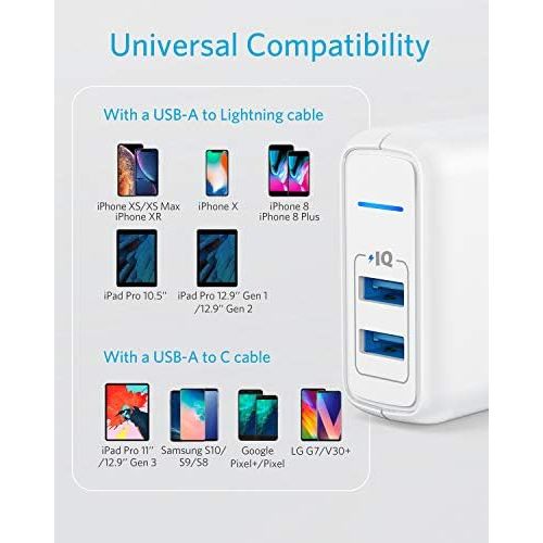 앤커 USB Charger, Anker Elite Dual Port 24W Wall Charger, PowerPort 2 with PowerIQ and Foldable Plug, for iPhone 11/Xs/XS Max/XR/X/8/7/6/Plus, iPad Pro/Air 2/Mini 3/Mini 4, Samsung S4/S