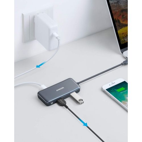 앤커 Anker USB C Hub, 4-in-1 USB C Adapter, with 4K USB C to HDMI, 2 USB 3.0 Ports, 60W Power Delivery Charging Port for MacBook Pro 2016/2017/2018, ChromeBook, XPS, and More (Space Gre