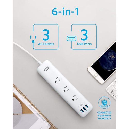 앤커 Anker Power Strip with USB for Home Office, 3-Outlet & 3 PowerIQ USB Power Strip Surge Protector, PowerPort Strip 3 with 5 Foot Long Extension Cord, Flat Plug, Safety Shutter (300