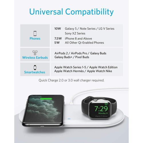 앤커 Anker Wireless Charger, 2 in 1 PowerWave+ Charging Station, Holder for Apple Watch 5/4/3/2 (Cable Not Included), Qi Fast Wireless Charging for iPhone SE, 11, 11 Pro, 11 Pro Max, Xs