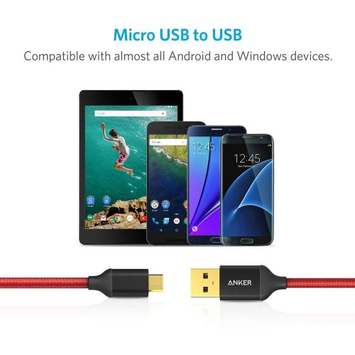 앤커 [2-Pack] Anker 6ft / 1.8m Nylon Braided Tangle-Free Micro USB Cable with Gold-Plated Connectors for Android, Samsung, HTC, Nokia, Sony and More (Red)