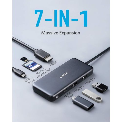 앤커 Anker [Upgraded] USB C Hub Adapter, 7-in-1 USB C Adapter, with 4K HDMI, Power Delivery, USB C Data Port, microSD and SD Card Reader, 2 USB 3.0 Ports, for MacBook Pro, Pixelbook, XP