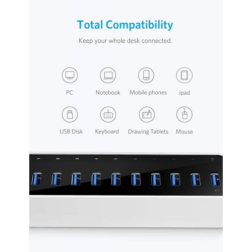 앤커 Anker [Upgraded Version] USB 3.0 SuperSpeed 10-Port Hub Including a BC 1.2 Charging Port with 60W (12V / 5A) Power Adapter [VIA VL812-B2 Chipset and Updated Firmware 9081] AH231