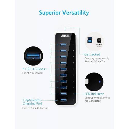 앤커 Anker [Upgraded Version] USB 3.0 SuperSpeed 10-Port Hub Including a BC 1.2 Charging Port with 60W (12V / 5A) Power Adapter [VIA VL812-B2 Chipset and Updated Firmware 9081] AH231