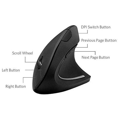앤커 Anker 2.4G Wireless Vertical Ergonomic Optical Mouse, 800 / 1200 /1600 DPI, 5 Buttons for Laptop, Desktop, PC, Macbook - Black
