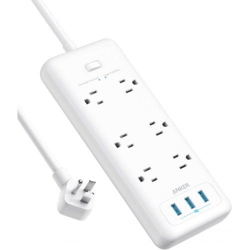 앤커 Surge Protector Power Strip, Anker 6 Outlet & 3 PowerIQ USB Charging Ports USB Power Strip, PowerPort Strip 6 with 6.6 Foot Long Extension Cord, Flat Plug, for Home, Office, and Mo