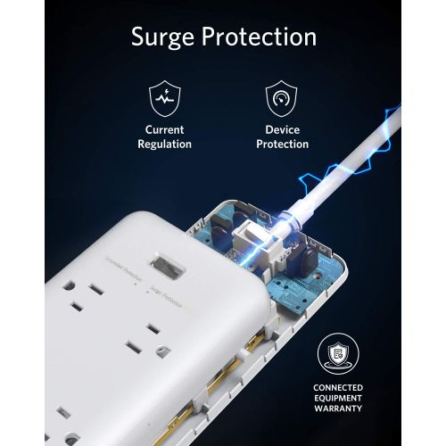 앤커 Surge Protector Power Strip, Anker 6 Outlet & 3 PowerIQ USB Charging Ports USB Power Strip, PowerPort Strip 6 with 6.6 Foot Long Extension Cord, Flat Plug, for Home, Office, and Mo