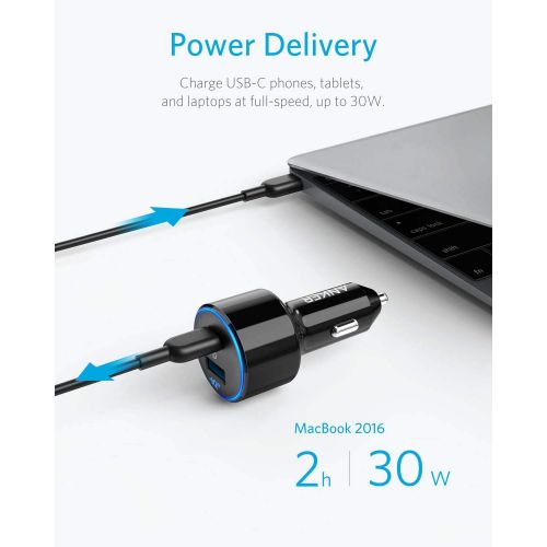 앤커 USB C Car Charger, Anker 49.5W PowerDrive Speed+ 2 Car Adapter with One 30W PD Port for MacBook Pro/Air 2018, iPad Pro, iPhone XS/Max/XR/X/8, S10/S9, and One 19.5W Fast Charge Port