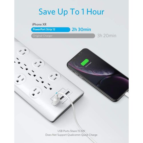 앤커 Power Strip Surge Protector, Anker 12 Outlets & 3 USB Ports with Flat Plug, PowerPort Strip With 6ft Extension Cord, PowerIQ for iPhone XS/XS Max/XR/X, Galaxy, for Home, Office, an