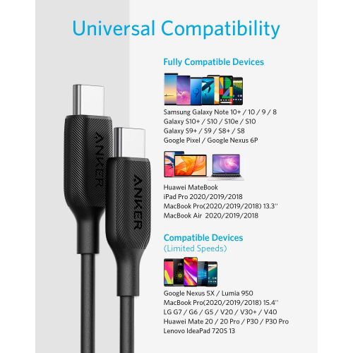 앤커 Anker USB C to USB C Cable, Powerline III USB-C to USB-C Fast Charging Cord (10 ft), 60W Power Delivery PD Charging for Apple MacBook, iPad Pro 2020, Samsung Galaxy S10 Plus S9 Plu