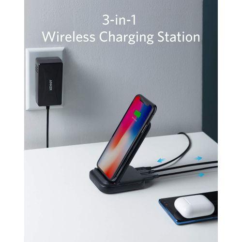 앤커 Anker 3-in-1 Multi-Device Wireless Charging Station, PowerWave 10 Stand with 2 USB-A Ports, for iPhone 11, 11 Pro, XS Max, XR, XS, X, 8, 8 Plus, Galaxy S20, S10, S9, S8, 36W Power
