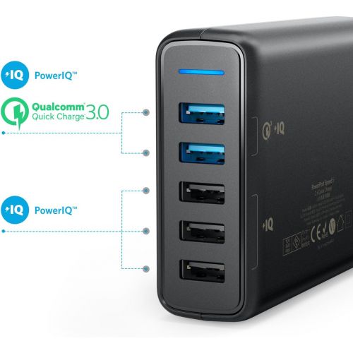 앤커 Anker Quick Charge 3.0 63W 5-Port USB Wall Charger, PowerPort Speed 5 for Galaxy S10/S9/S8/S7/S6/Edge/+, Note 8/7 and PowerIQ for iPhone XS/Max/XR/X/8/7/6s/Plus, iPad, LG, Nexus, H