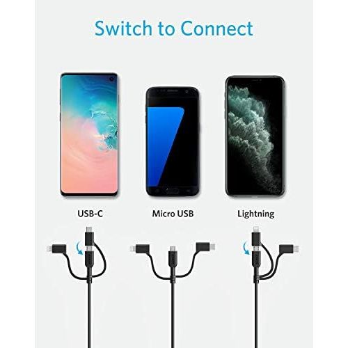 앤커 Anker Powerline II 3-in-1 Cable, Lightning/Type C/Micro USB Cable for iPhone, iPad, Huawei, HTC, LG, Samsung Galaxy, Sony Xperia, Android Smartphones, iPad Pro 2018 and More(3ft, B