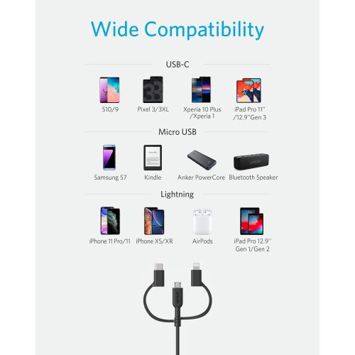 앤커 Anker Powerline II 3-in-1 Cable, Lightning/Type C/Micro USB Cable for iPhone, iPad, Huawei, HTC, LG, Samsung Galaxy, Sony Xperia, Android Smartphones, iPad Pro 2018 and More(3ft, B