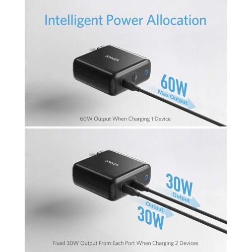 앤커 USB C Charger, Anker 60W 2-Port PowerPort Atom PD 2 [GAN Tech] Compact Foldable Wall Charger, Power Delivery for MacBook Pro/Air, iPad Pro, iPhone 11 / Pro/Max/XR/XS/X, Pixel, Gala