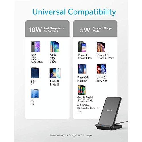 앤커 Anker Wireless Charger, PowerWave Stand, Qi-Certified for iPhone 11, 11 Pro, 11 Pro Max, XR, Xs Max, XS, X, 8, 8 Plus, 10W Fast-Charging Galaxy S20 S10 S9 S8, Note 10 Note 9 and Mo
