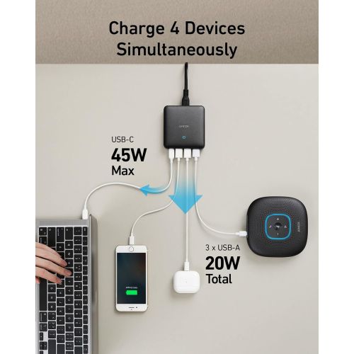 앤커 USB C Charger, Anker 65W 4 Port PIQ 3.0 & GaN Fast Charger Adapter, PowerPort Atom III Slim Wall Charger with a 45W USB C Port, for MacBook, USB C Laptops, iPad Pro, iPhone, Galaxy