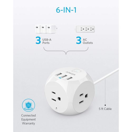 앤커 Anker PowerPort Cube USB Power Strip with 3 Outlets and 3 USB Ports, Portable Design, 5 ft Extension Cord, Overload Protection for iPhone XS/XR, Compact for Travel, Cruise Ship and